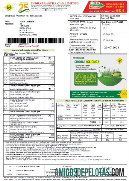 realista Modelo de conta de serviços públicos de gás Indraprastha da Índia em formatos Word e PDF